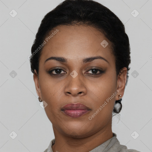 Neutral black young-adult female with short  black hair and brown eyes