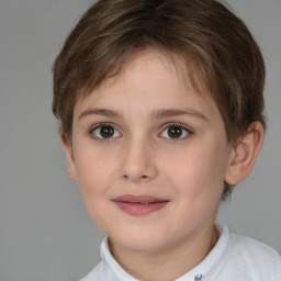 Joyful white child female with short  brown hair and brown eyes