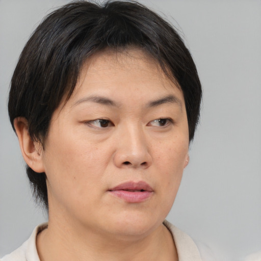 Neutral asian adult female with short  brown hair and brown eyes