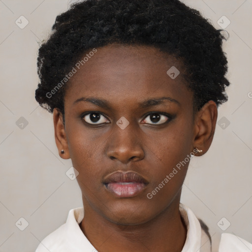 Neutral black young-adult female with short  black hair and brown eyes