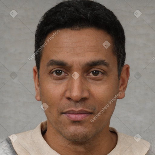 Neutral latino adult male with short  black hair and brown eyes