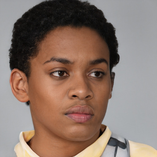 Neutral latino young-adult female with short  brown hair and brown eyes