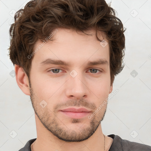 Neutral white young-adult male with short  brown hair and grey eyes