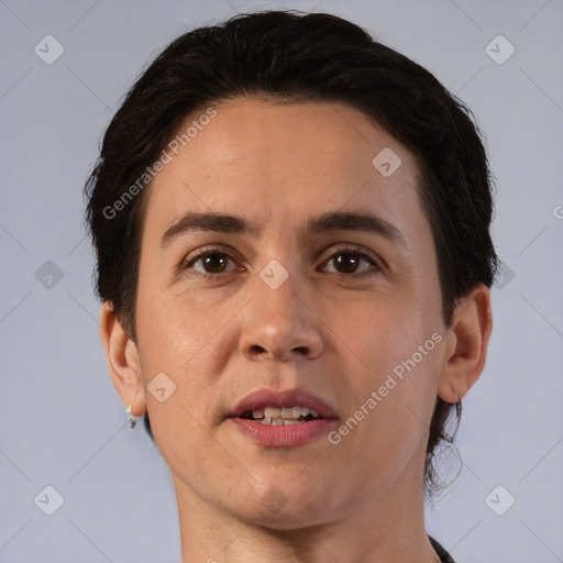 Joyful white young-adult female with short  brown hair and brown eyes