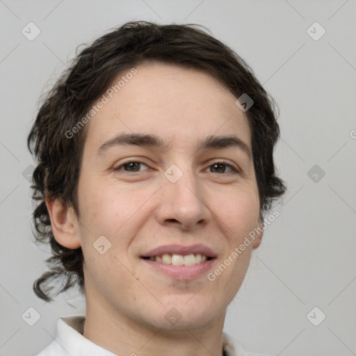 Joyful white young-adult male with medium  brown hair and brown eyes