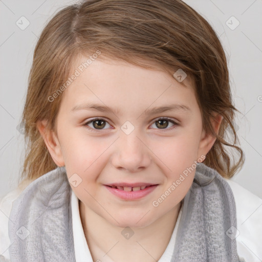 Joyful white child female with medium  brown hair and brown eyes