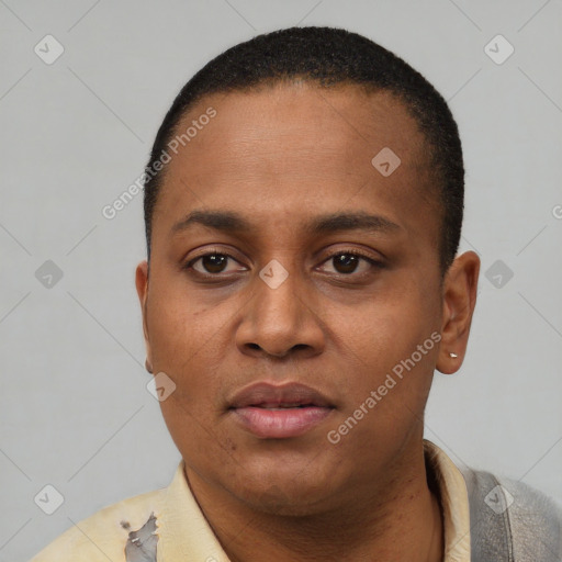 Neutral latino young-adult female with short  black hair and brown eyes