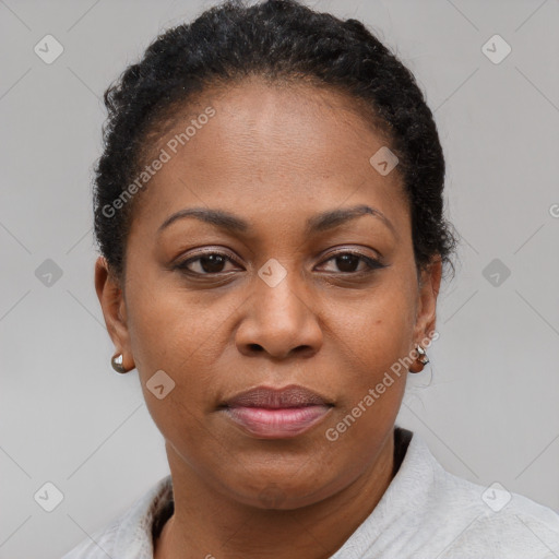 Joyful black adult female with short  brown hair and brown eyes
