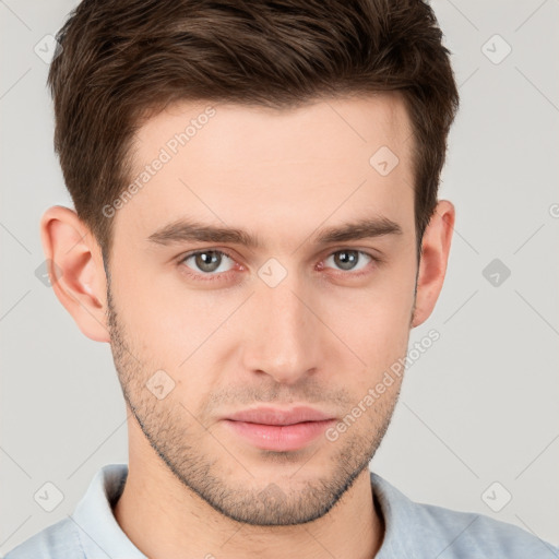 Neutral white young-adult male with short  brown hair and brown eyes