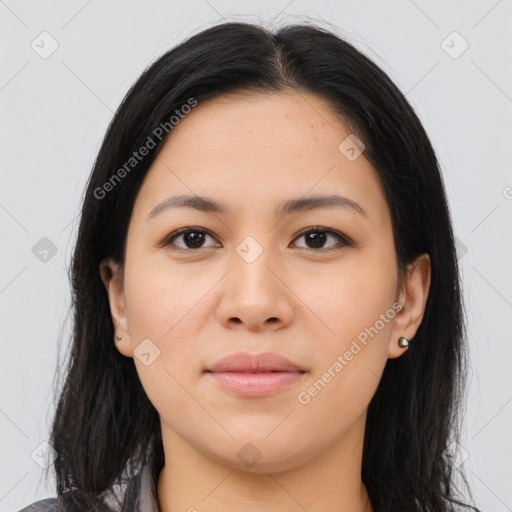 Neutral asian young-adult female with long  brown hair and brown eyes