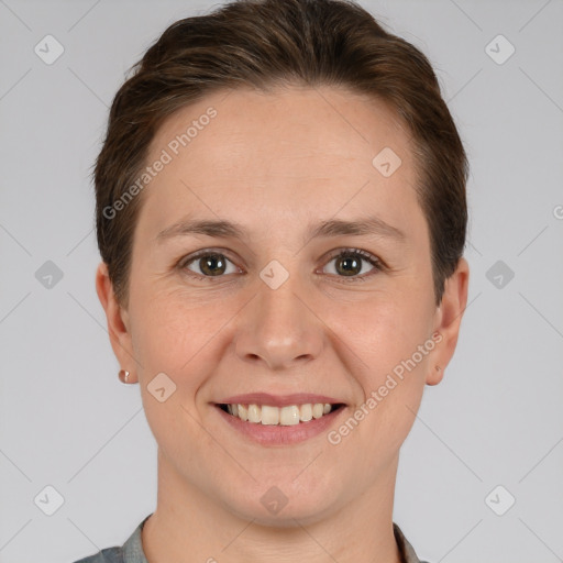 Joyful white young-adult female with short  brown hair and brown eyes