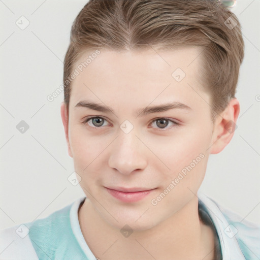 Joyful white young-adult male with short  brown hair and grey eyes