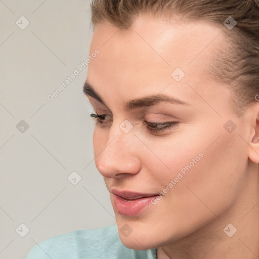 Neutral white young-adult female with short  brown hair and brown eyes