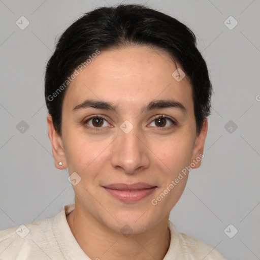 Joyful white young-adult female with short  brown hair and brown eyes