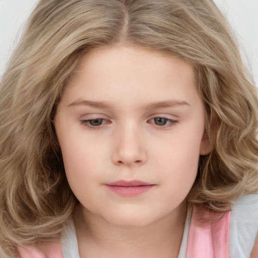 Neutral white child female with long  brown hair and grey eyes