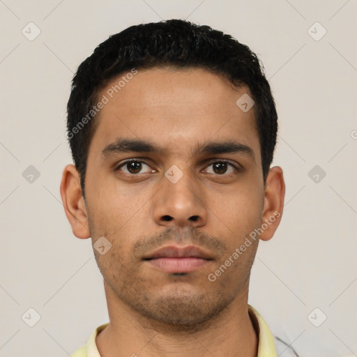 Neutral latino young-adult male with short  black hair and brown eyes