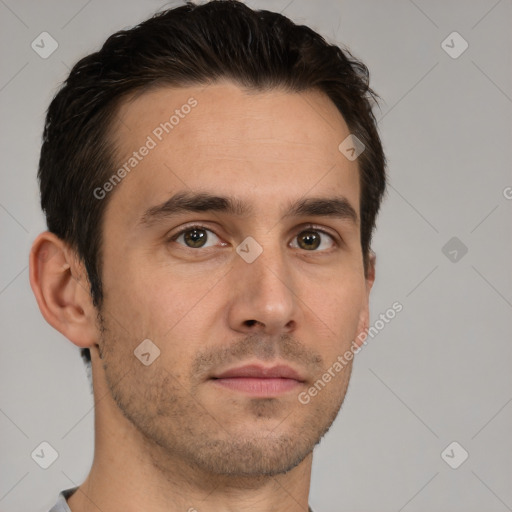 Neutral white young-adult male with short  brown hair and brown eyes