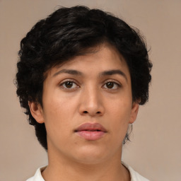 Neutral asian young-adult female with short  brown hair and brown eyes