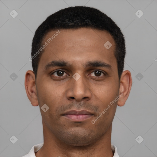 Neutral black young-adult male with short  black hair and brown eyes