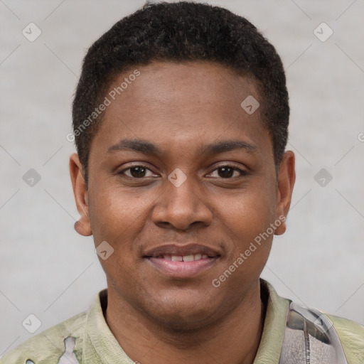 Joyful latino young-adult male with short  brown hair and brown eyes