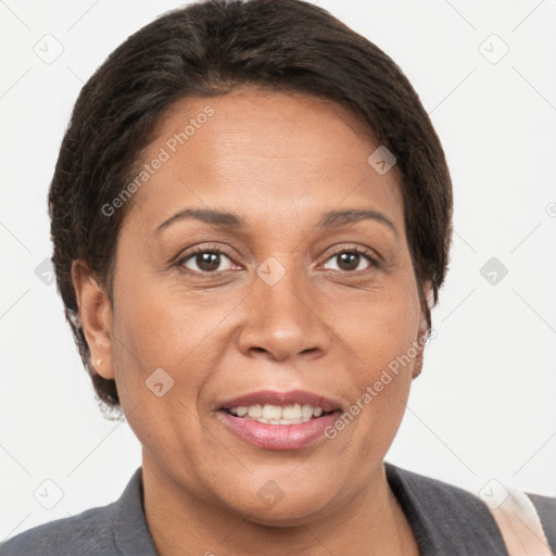 Joyful white adult female with short  brown hair and brown eyes