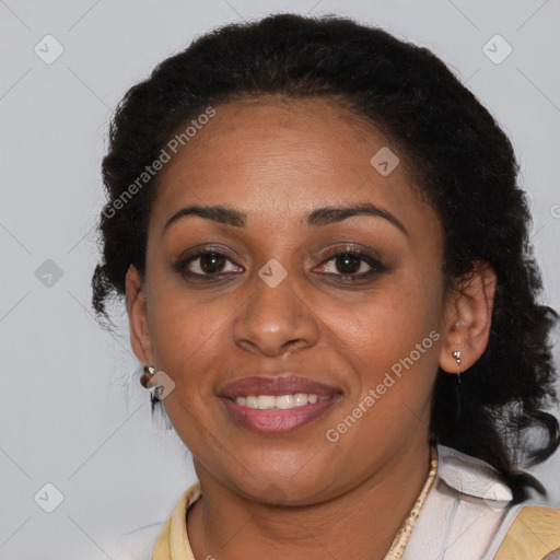 Joyful latino adult female with short  brown hair and brown eyes