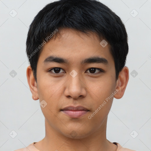 Neutral asian young-adult male with short  black hair and brown eyes