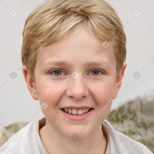 Joyful white child female with medium  brown hair and grey eyes