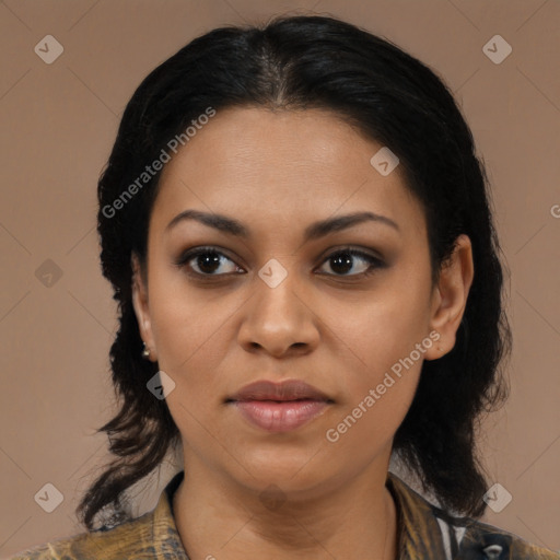 Joyful latino young-adult female with medium  black hair and brown eyes