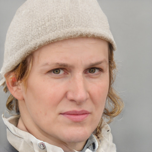 Joyful white adult female with medium  brown hair and blue eyes