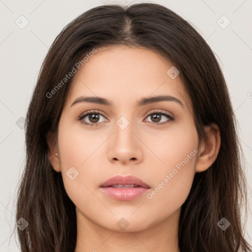 Neutral white young-adult female with long  brown hair and brown eyes