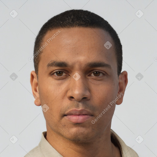 Neutral latino young-adult male with short  black hair and brown eyes
