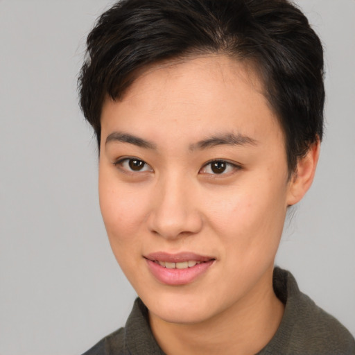 Joyful asian young-adult female with short  brown hair and brown eyes