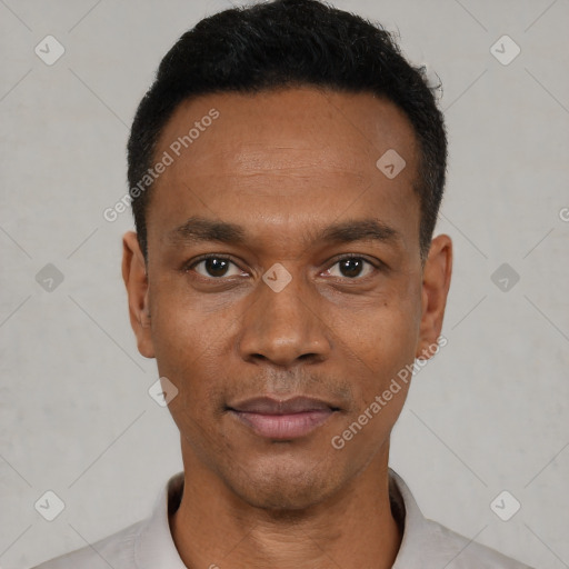 Neutral black young-adult male with short  black hair and brown eyes
