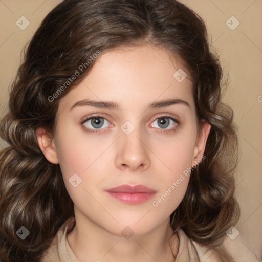 Neutral white young-adult female with medium  brown hair and brown eyes