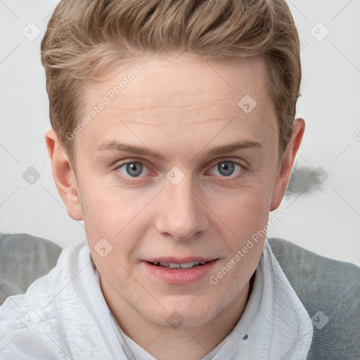 Joyful white young-adult female with short  brown hair and blue eyes