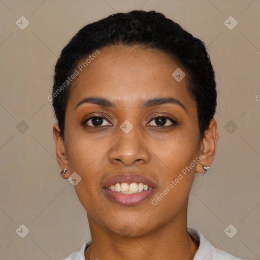 Joyful black young-adult female with short  black hair and brown eyes