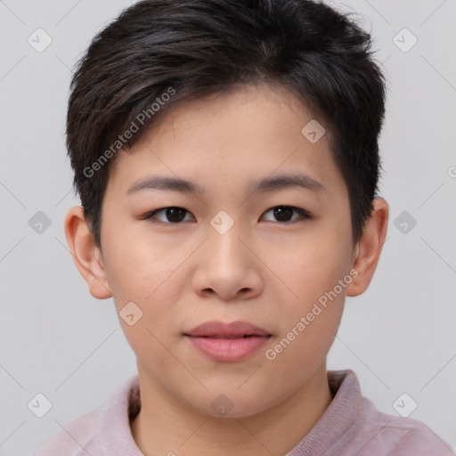 Neutral asian young-adult female with short  brown hair and brown eyes