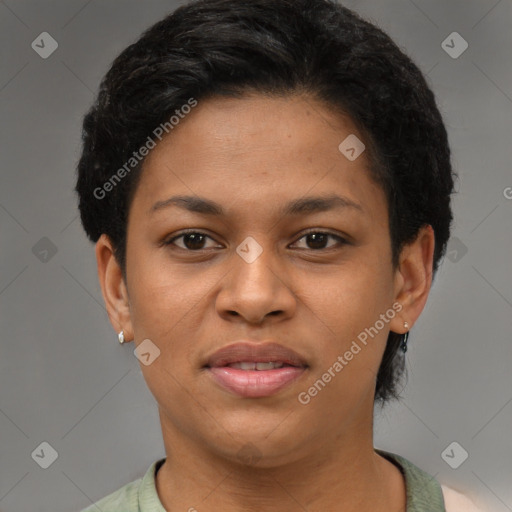 Joyful latino young-adult female with short  brown hair and brown eyes