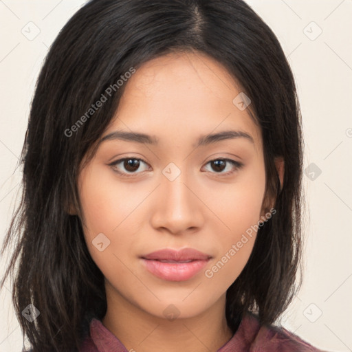 Neutral asian young-adult female with long  brown hair and brown eyes