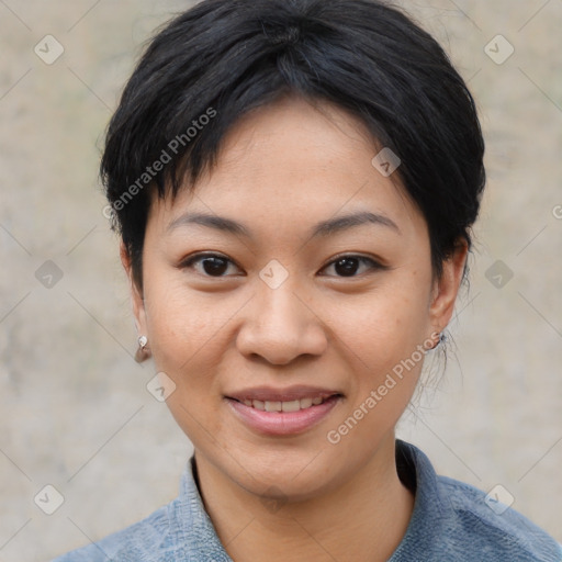 Joyful asian young-adult female with medium  black hair and brown eyes