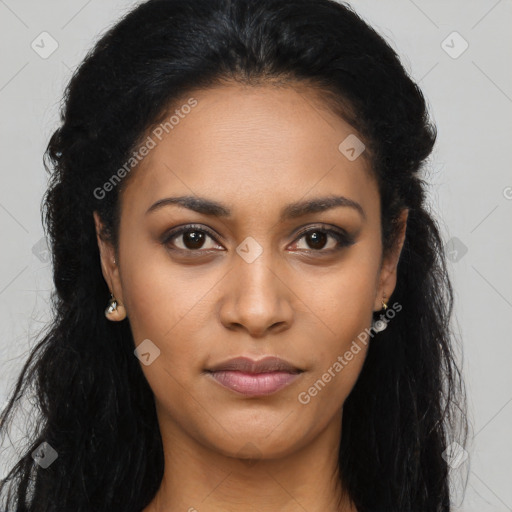 Joyful latino young-adult female with long  brown hair and brown eyes