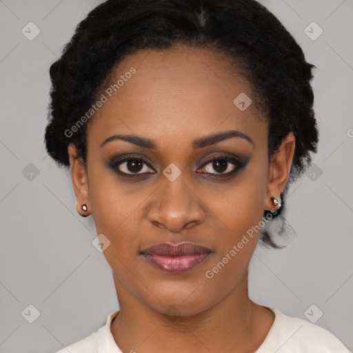 Joyful latino young-adult female with short  black hair and brown eyes