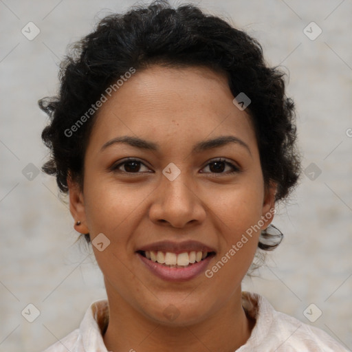 Joyful latino young-adult female with short  brown hair and brown eyes