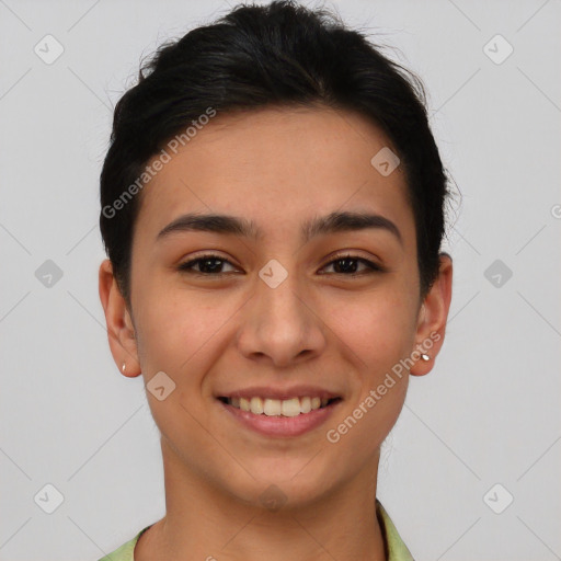 Joyful latino young-adult female with short  brown hair and brown eyes