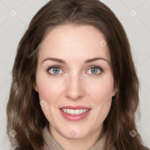 Joyful white young-adult female with medium  brown hair and green eyes