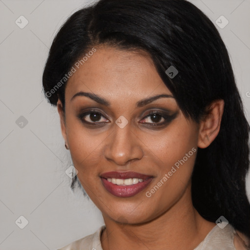 Joyful latino young-adult female with medium  black hair and brown eyes