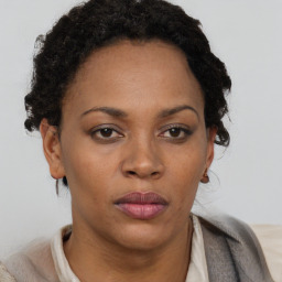 Neutral black adult female with short  brown hair and brown eyes