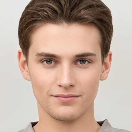 Neutral white young-adult male with short  brown hair and brown eyes