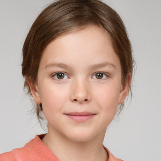 Joyful white child female with medium  brown hair and brown eyes